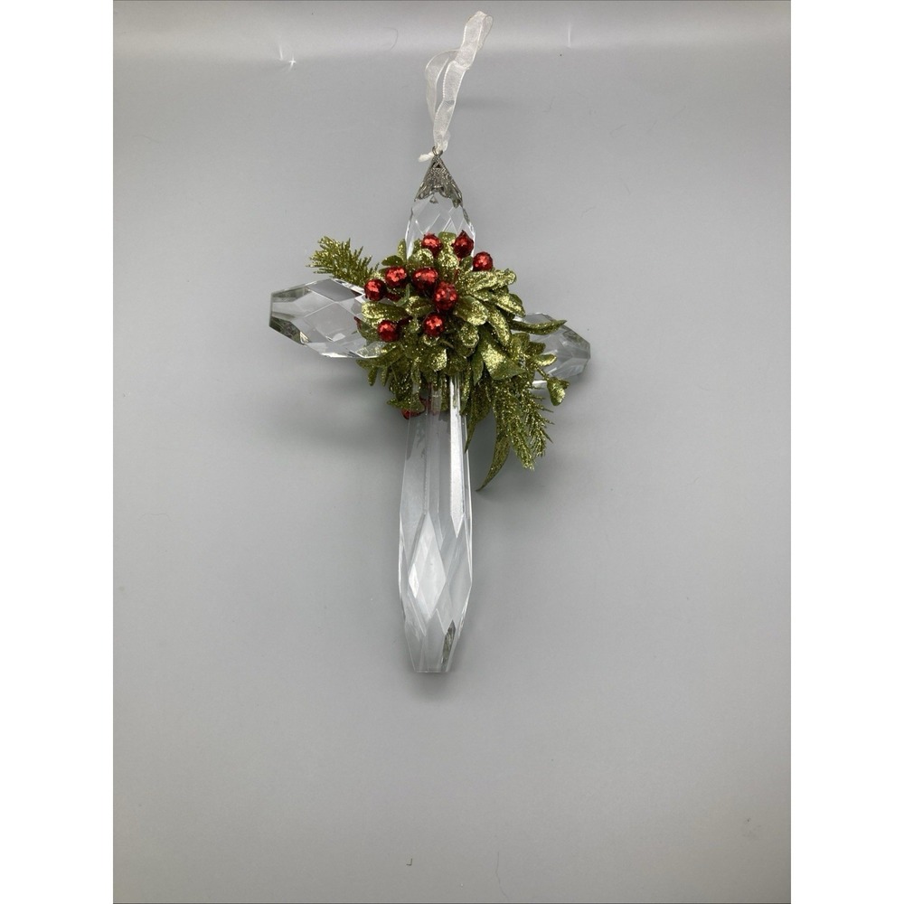 Ganz Christmas Kissing Krystals Mistletoe Classic Cross Ornament 7" Red Berries